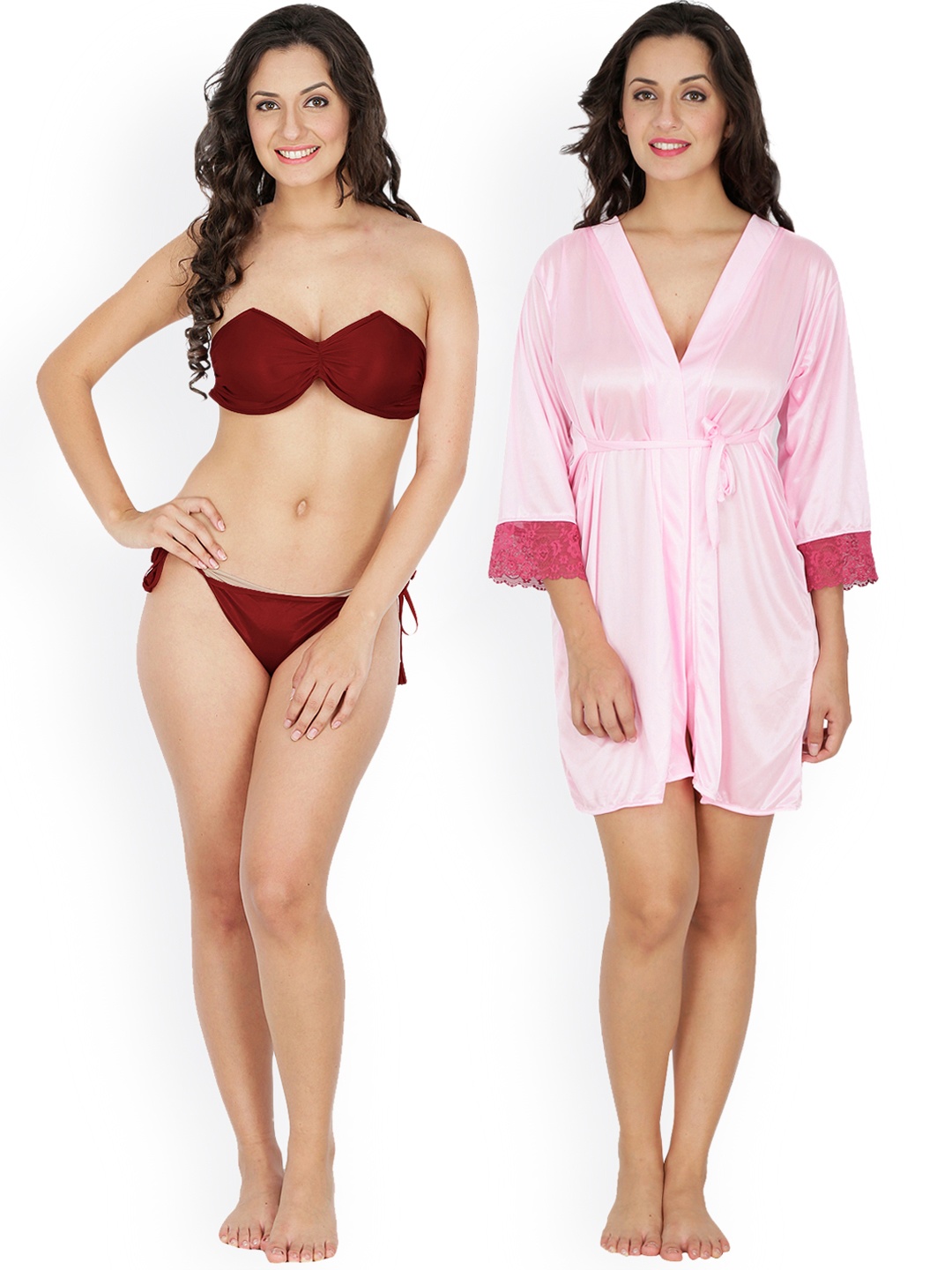 

Klamotten Maroon & Pink Lingerie Set with Robe 221M-209L