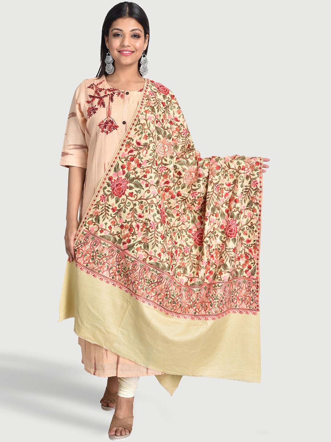

SWI Stylish Women Kashmiri Paisley Embroidered Shawl, Beige