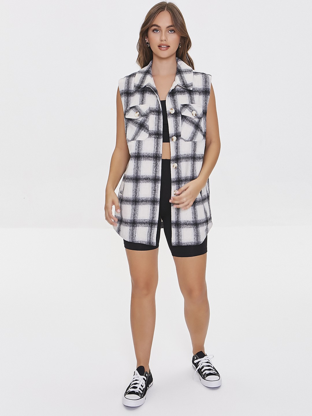 

FOREVER 21 Women White & Black Checked Longline Tailored Jacket