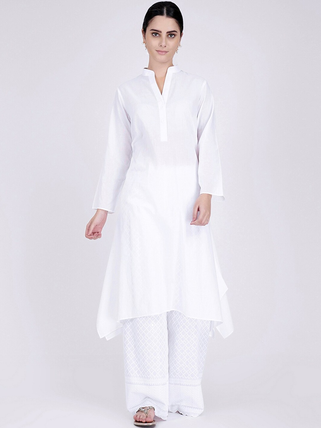 

First Resort by Ramola Bachchan Mandarin Collar Asymmetric Pure Cotton Kurta with Palazzos, White