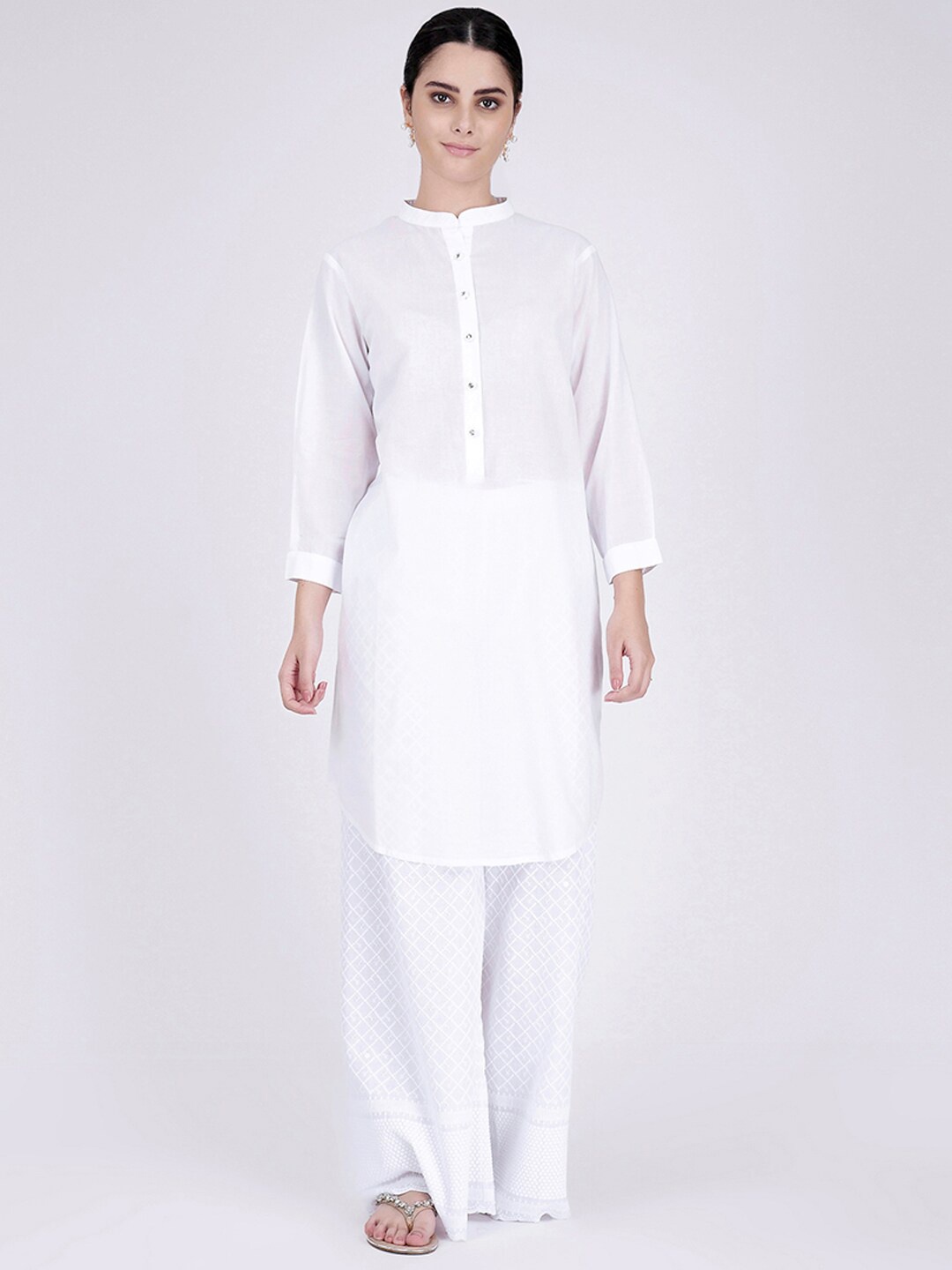 

First Resort by Ramola Bachchan Band Collar Pure Cotton Kurta with Palazzos, White