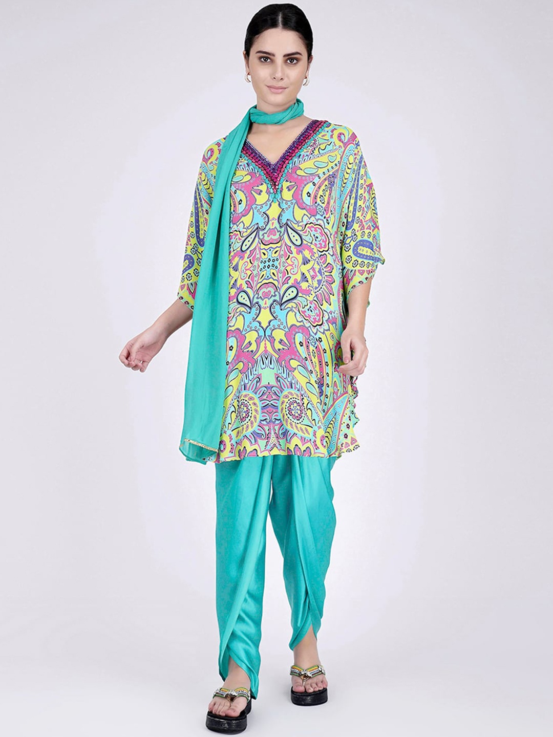 

First Resort by Ramola Bachchan Ethnic Motifs Printed Kurti With Dhoti Pant & Dupatta, Lime green