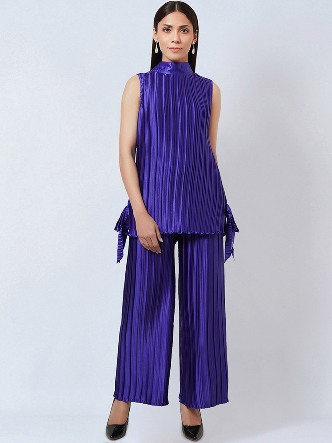 

First Resort by Ramola Bachchan Pleated Turtle Neck Top & Box Pleated Palazzo Co-Ords, Purple