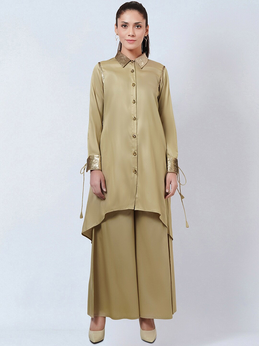 

First Resort by Ramola Bachchan Women Long Sleeves Shirt Dress & Palazzos, Beige