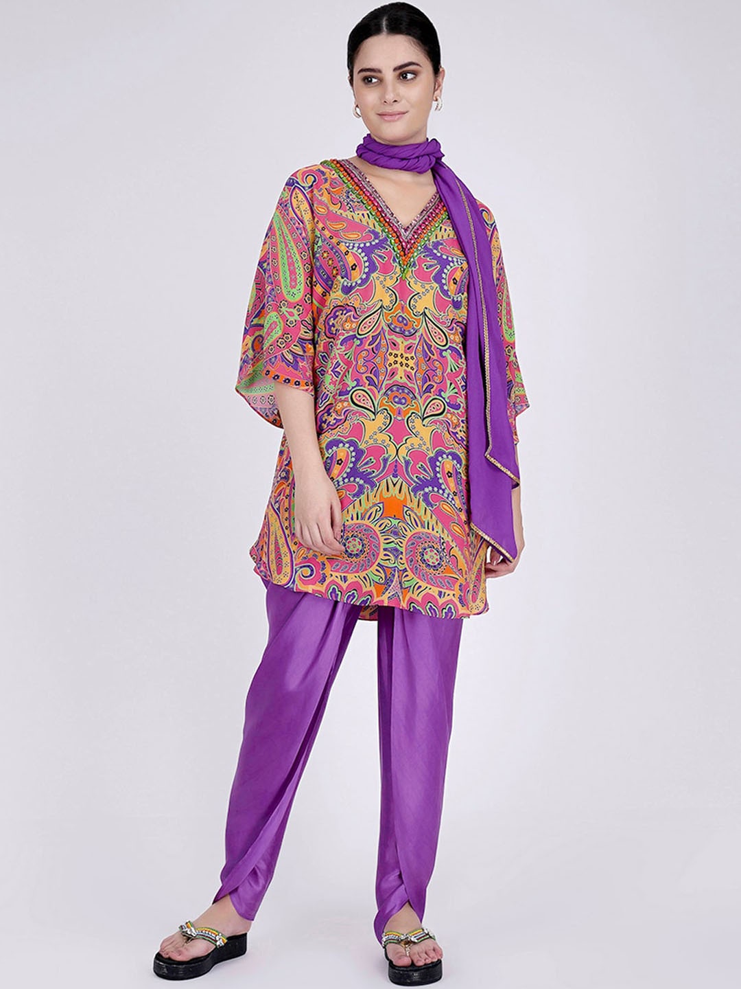 

First Resort by Ramola Bachchan Ethnic Motifs Printed Kurti With Dhoti Pant & Dupatta, Purple