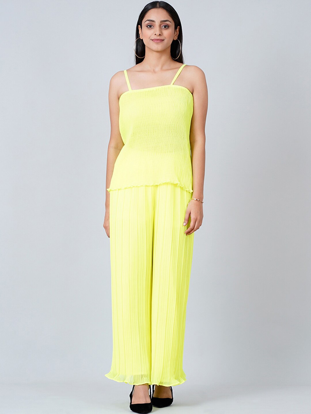

First Resort by Ramola Bachchan Pleated Camisole With Pleated Palazzo Co-Ords, Fluorescent green