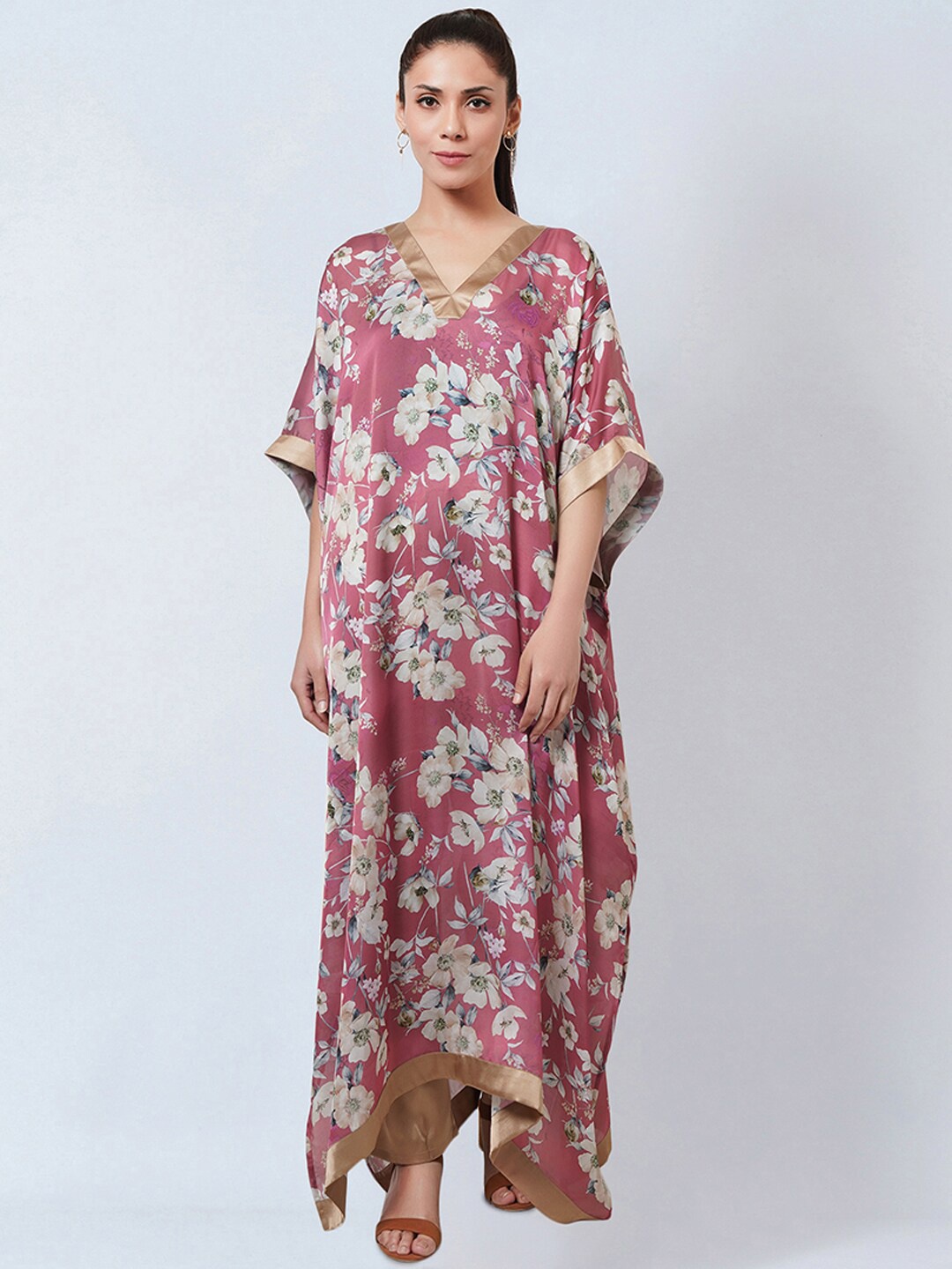 

First Resort by Ramola Bachchan Pink Floral Printed V Neck Kaftan Kurta With Palazzos