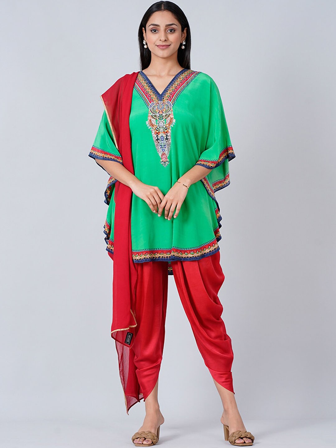 

First Resort by Ramola Bachchan Ethnic Motifs Printed Kurti With Dhoti Pants & Dupatta, Green