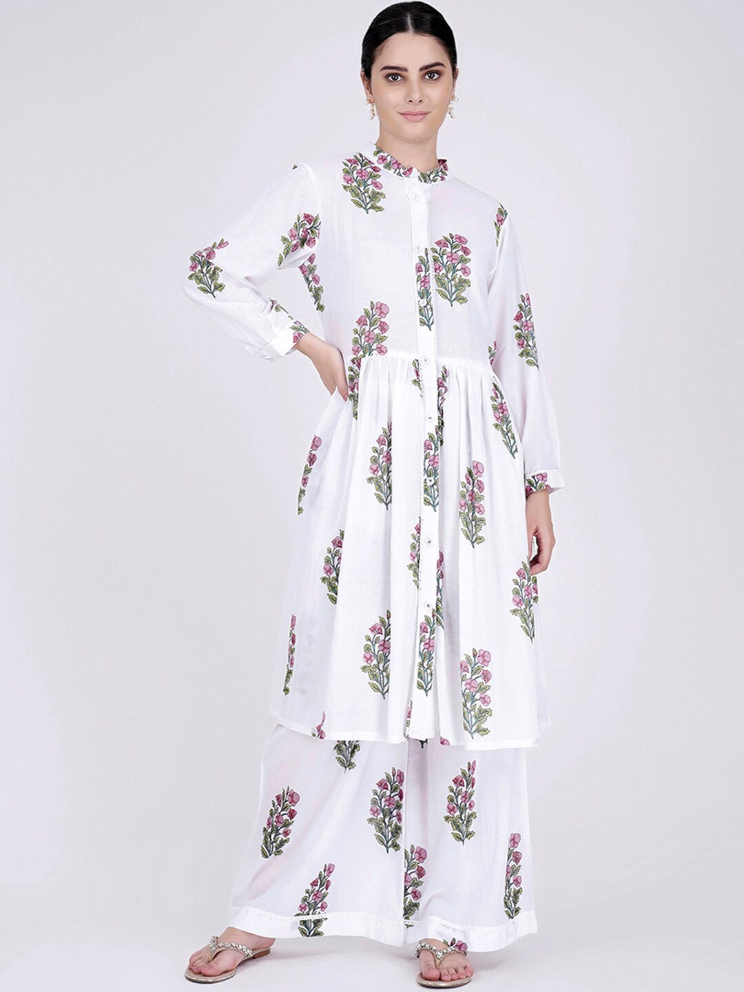 

First Resort by Ramola Bachchan Printed A-Line Pure Cotton Kurta with Palazzos & Slip, White