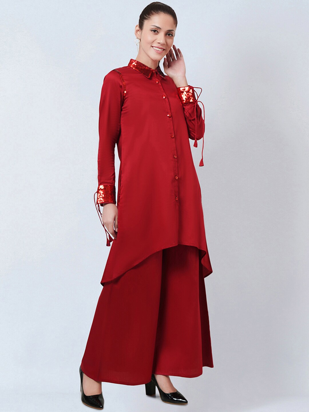 

First Resort by Ramola Bachchan Shirt Collar Shirt Style Top With Palazzos, Red