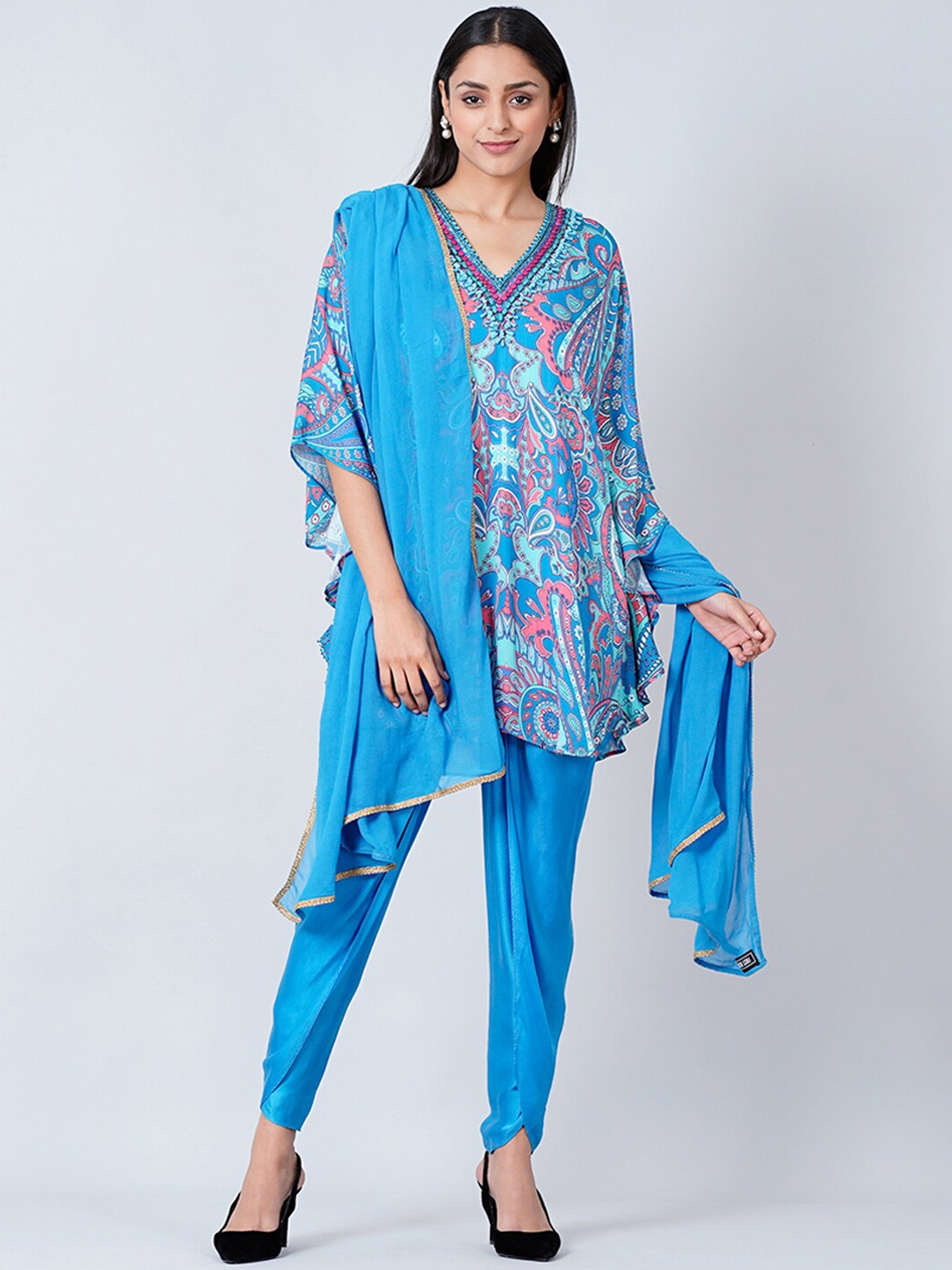 

First Resort by Ramola Bachchan Printed Kurta & Tulip Trousers With Dupatta, Blue