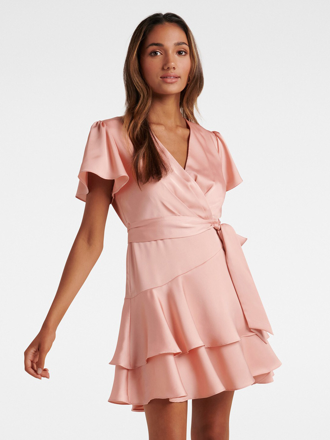

Forever New Flared Sleeve Layered Mini Satin Dress With Belt, Pink