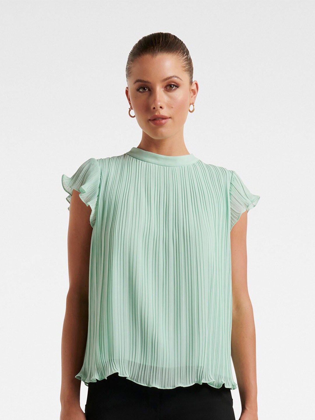 

Forever New Flutter Sleeves High Neck A-Line Top, Green