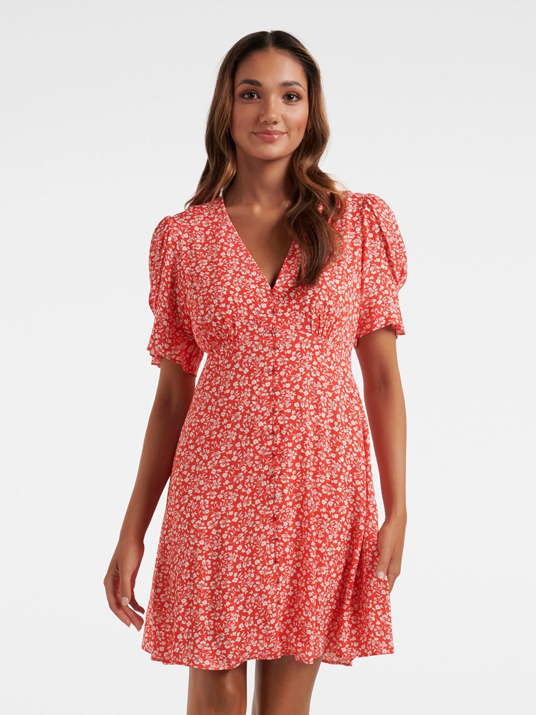 

Forever New Floral Printed Smocked A-Line Dress, Orange