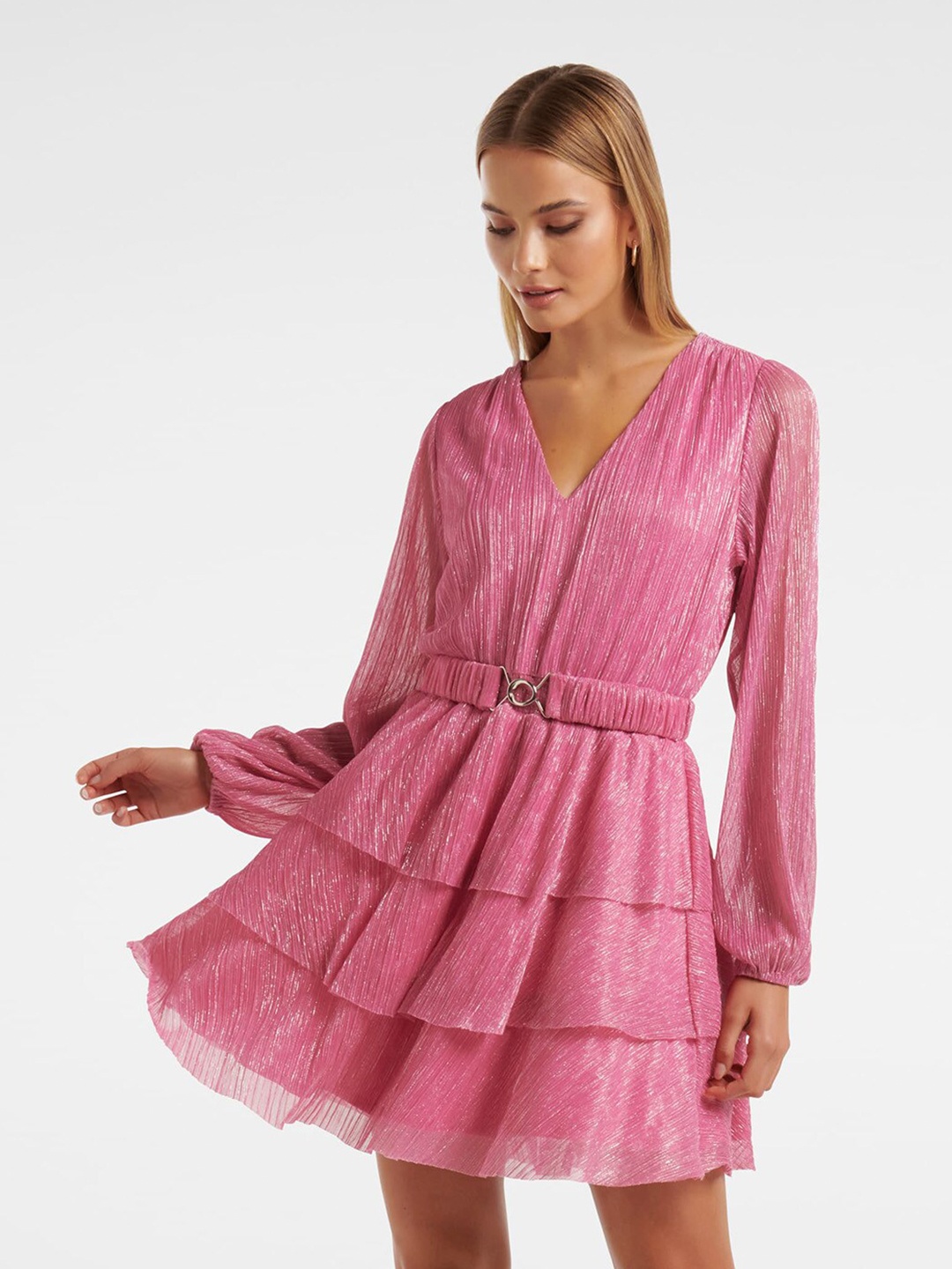 

Forever New V-Neck Layered Mini Fit & Flare Dress With Belt, Pink