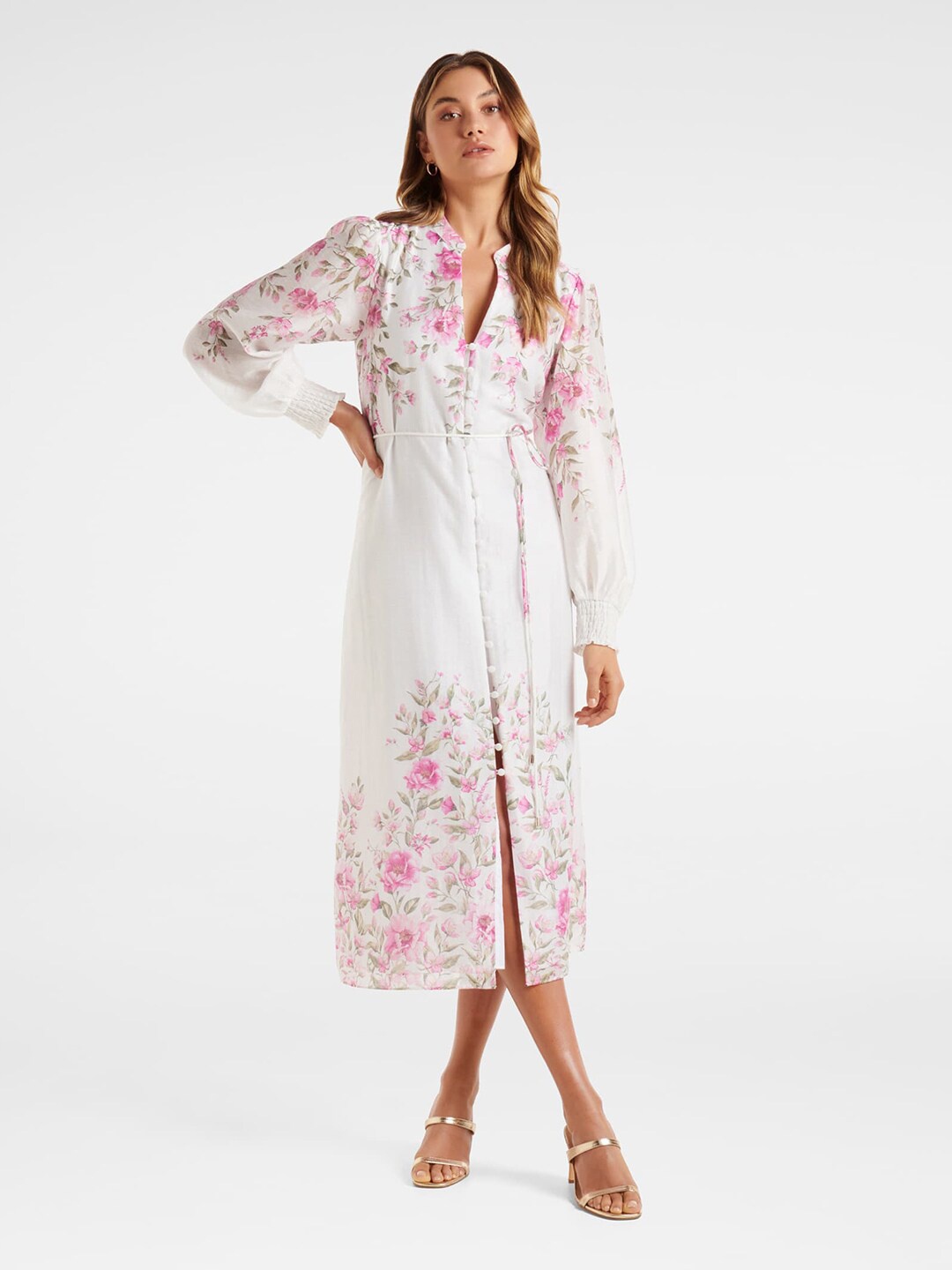 

Forever New Floral Printed A-Line Midi Dress With Belt, White