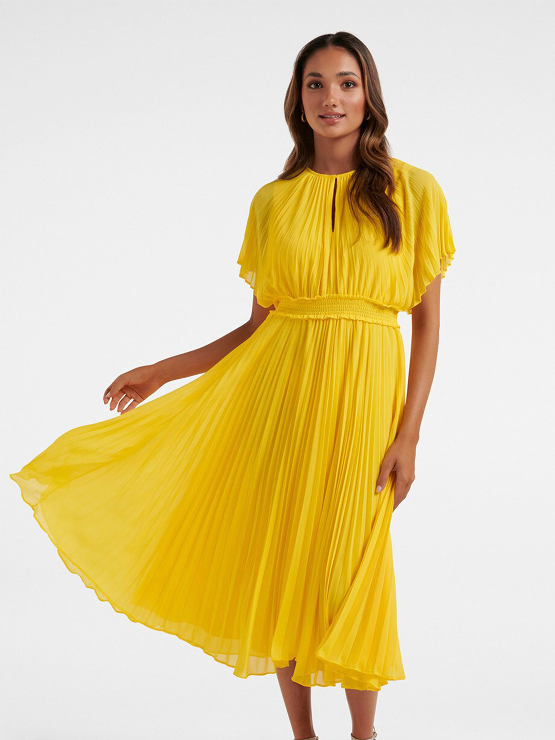 

Forever New Round Neck Accordion Pleats Smocked Fit & Flare Midi Dress, Yellow
