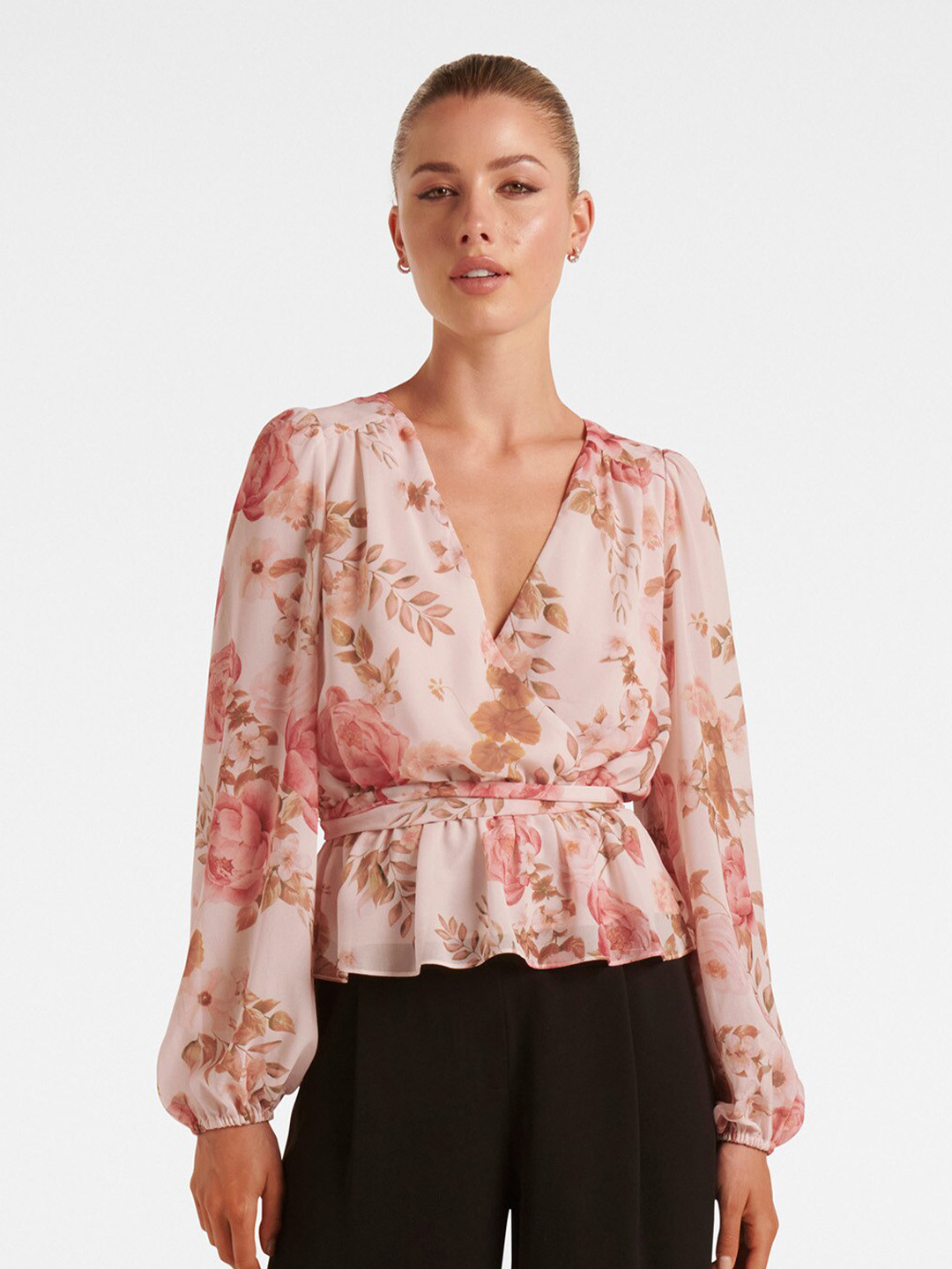 

Forever New Floral Printed Puff Sleeves Cinched Waist Top, Multi