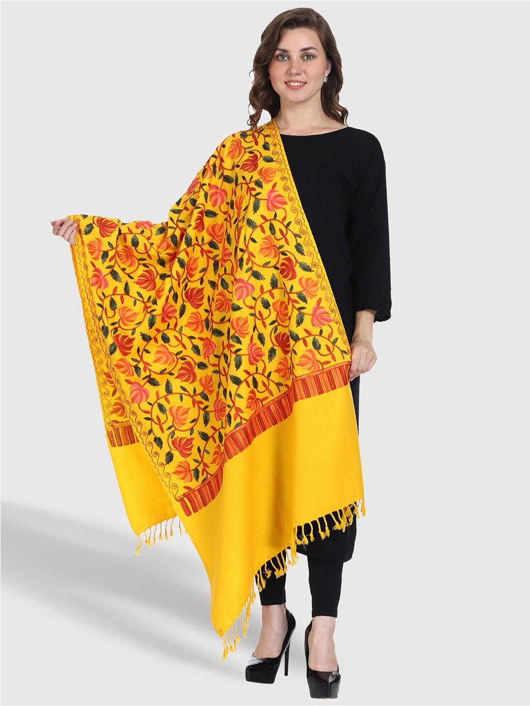 

SWI Stylish Women Aari Embroidered Wool Stole, Yellow