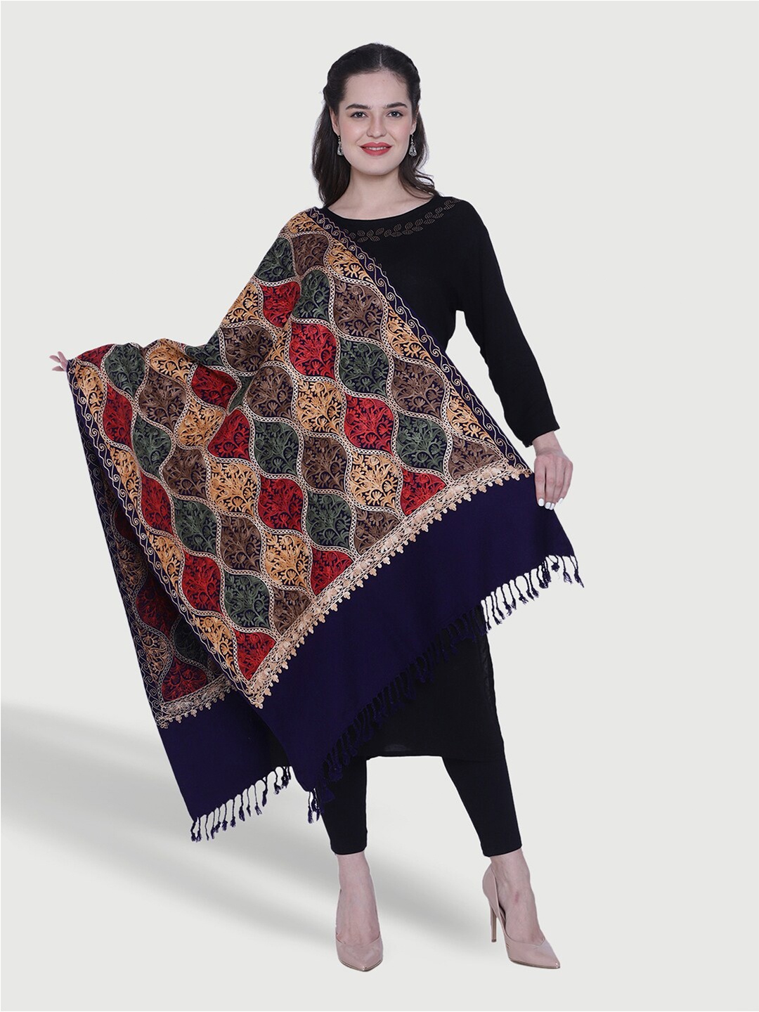 

SWI Stylish Women Wool Embroidered Stole, Navy blue