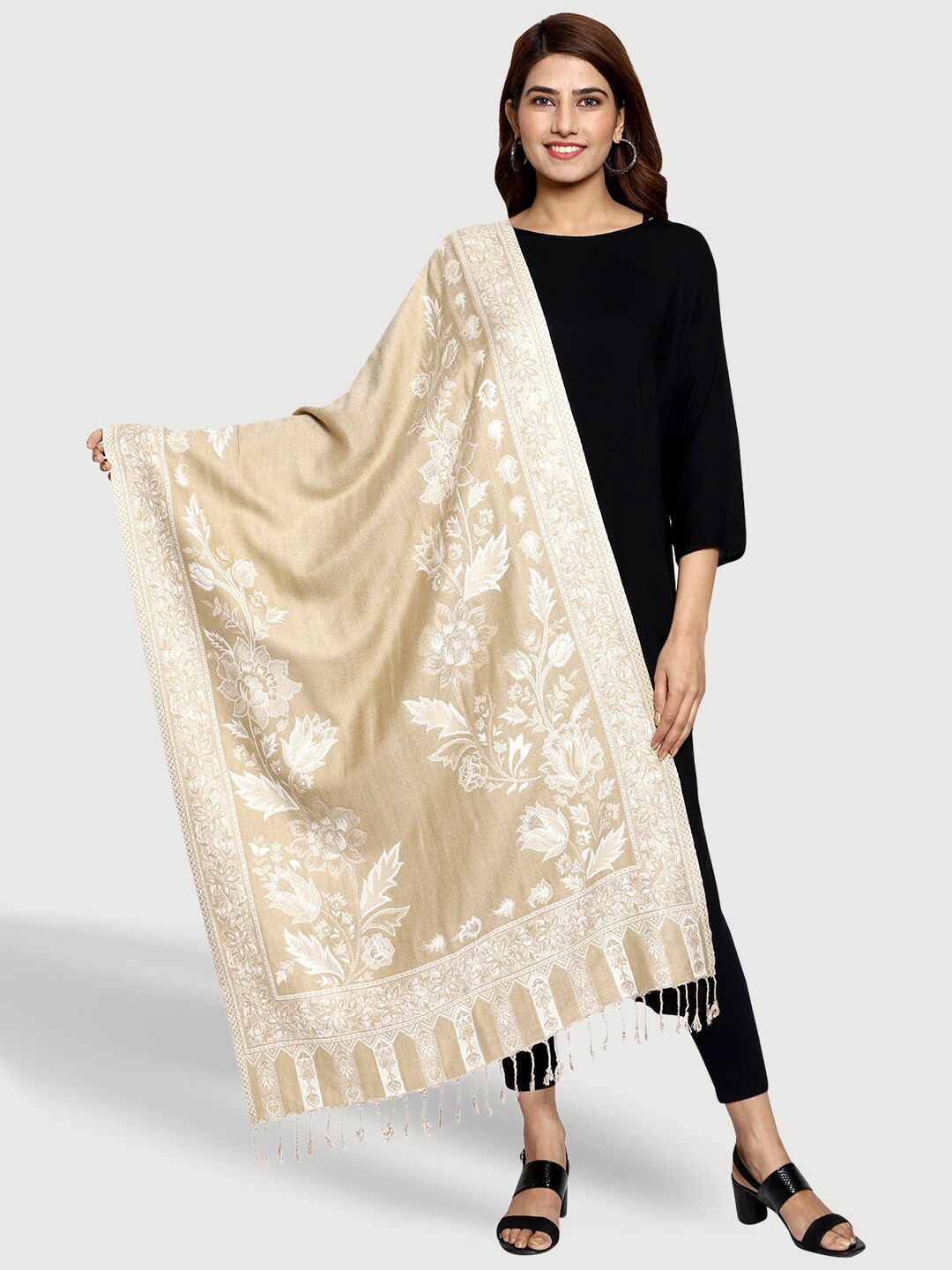 

SWI Stylish Women Wool Woven Design Stole, Beige