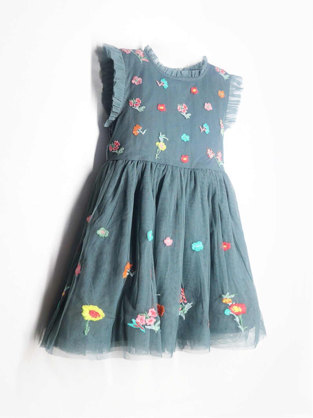 

Cherry Crumble Floral Flutter Sleeve Embroidered Fit & Flare Dress, Grey