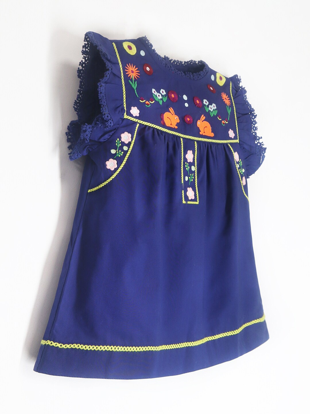 

Cherry Crumble Girls Embroidered Flutter Sleeves Cotton A-Line Top, Blue