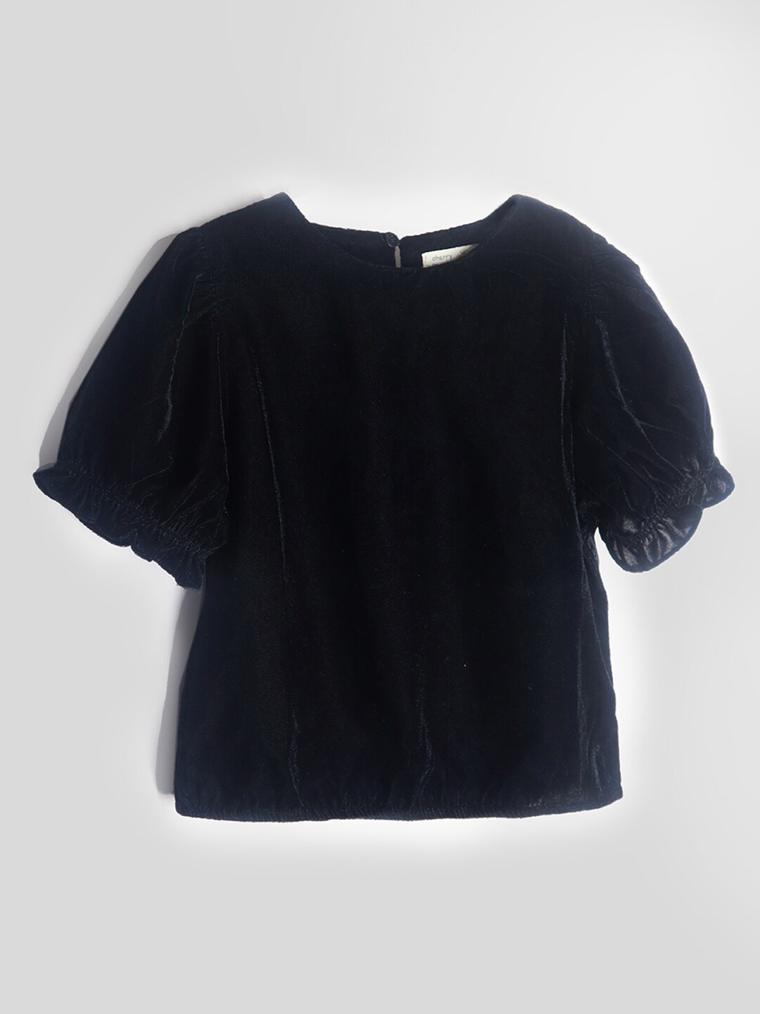 

Cherry Crumble Girls Round Neck Puff Sleeves Top, Black