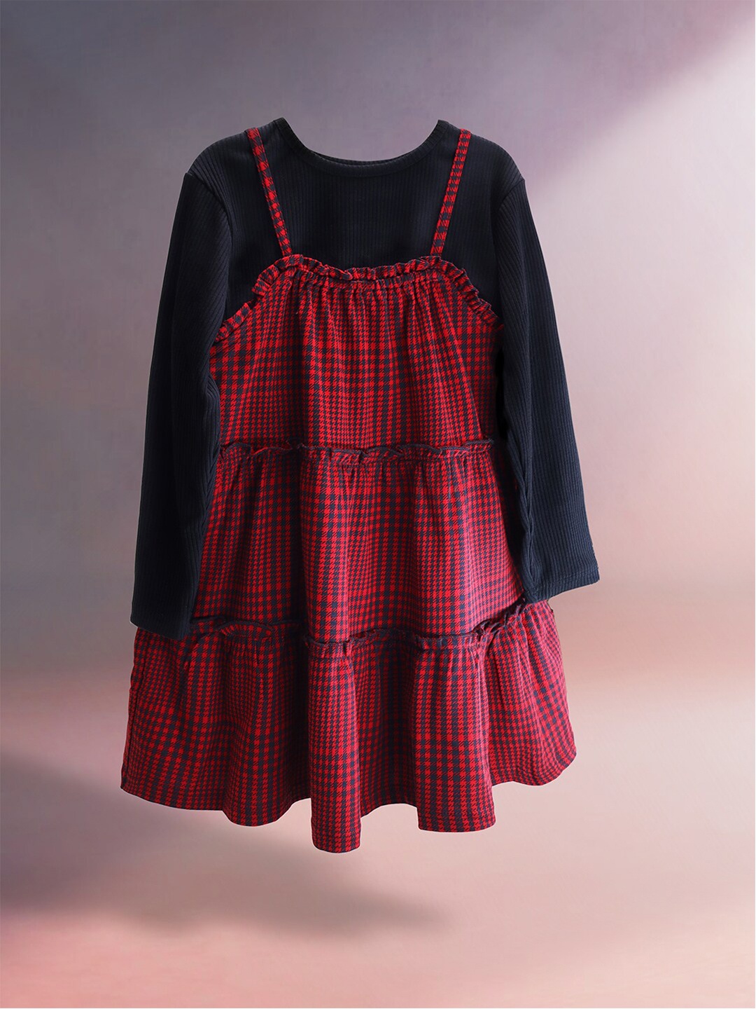 

Cherry Crumble Shoulder Straps Checked Fit and Flare Dress, Maroon