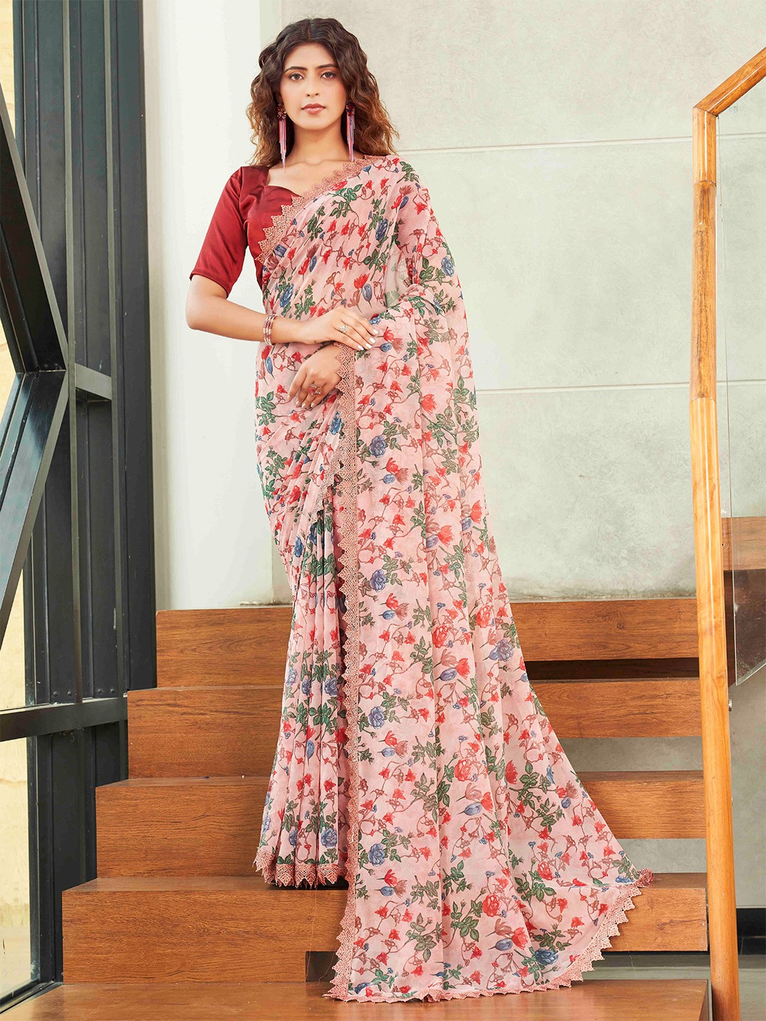 

Tikhi Imli Pink Floral Print Poly Georgette Saree With Lace Border