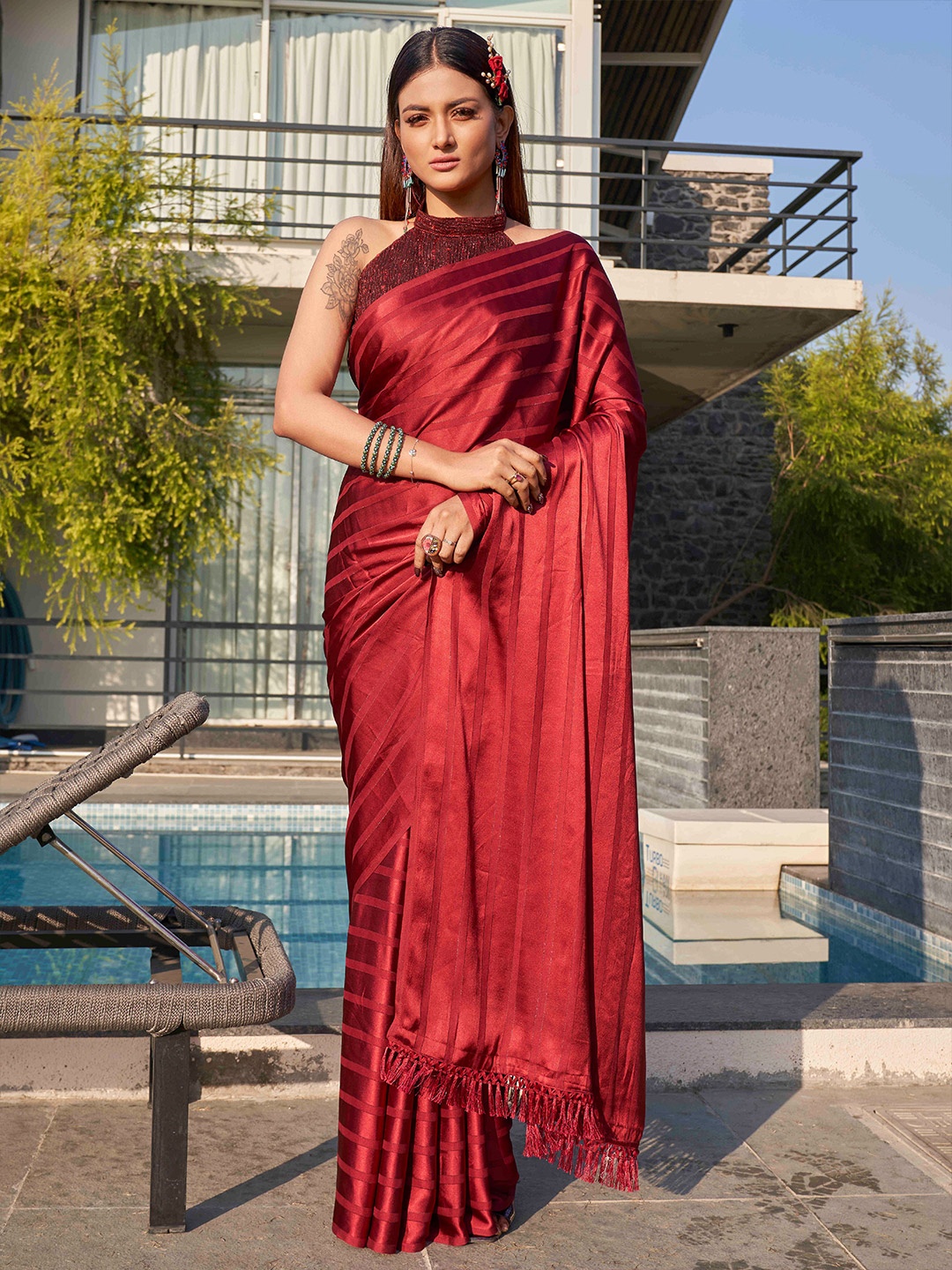 

Tikhi Imli Maroon Striped Party Wear Satin Saree