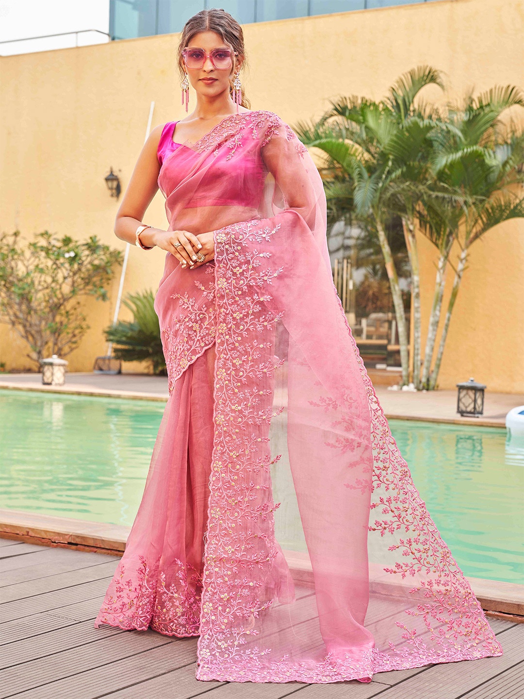 

Tikhi Imli Embroidered Organza Saree, Pink