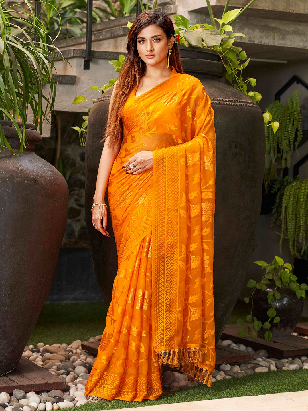 

Tikhi Imli Mustard Floral Brasso Saree With Tassel