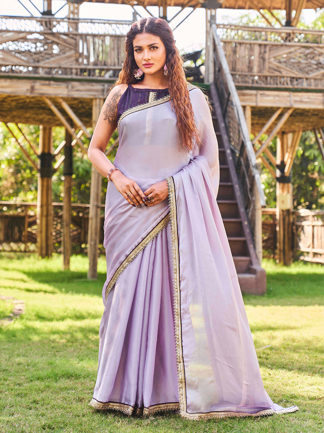 

Tikhi Imli Lavender Polyester Gotta Patti Saree With Embroidered Blouse