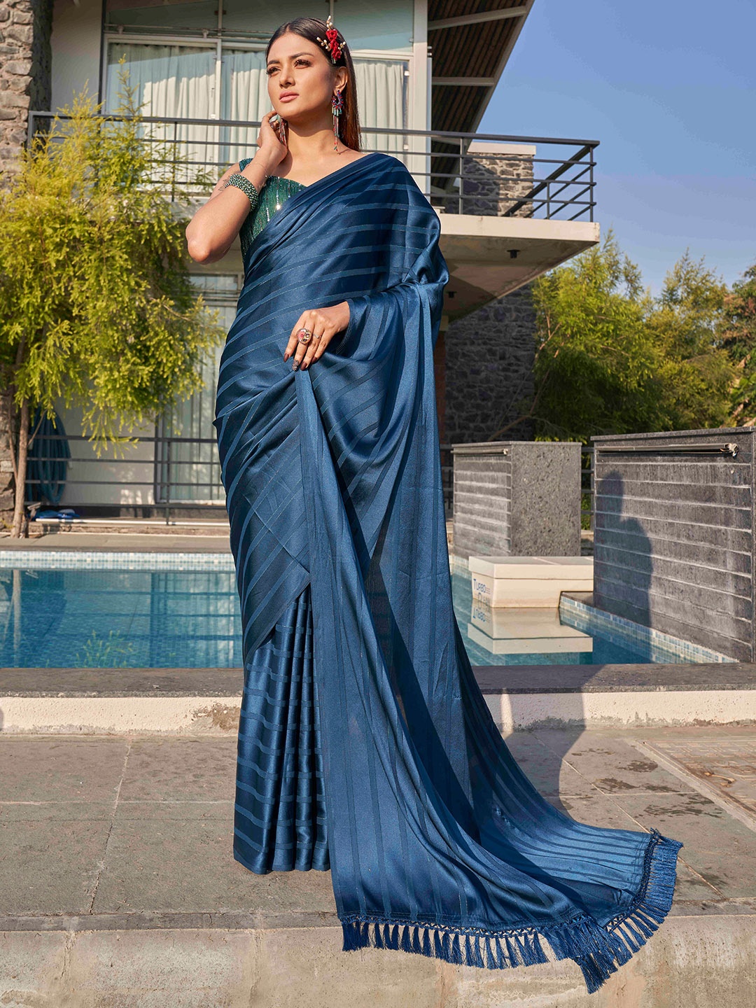 

Tikhi Imli Satin Striped Satin Saree With Tassel, Teal