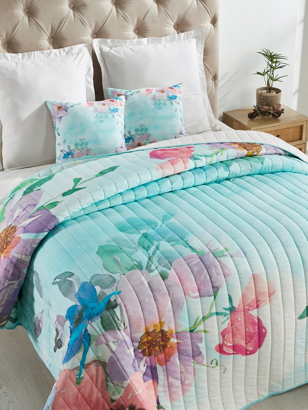 

HOUMN Turquoise Blue Digital Printed Cotton Double King Bedding Set