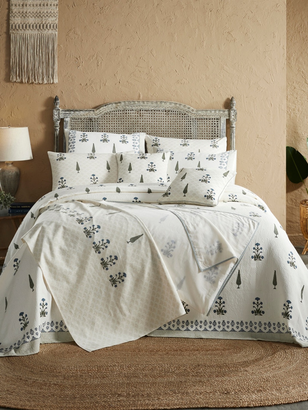 

HOUMN 6-Pieces Cream-Colored Printed Cotton Double King Bedding Set