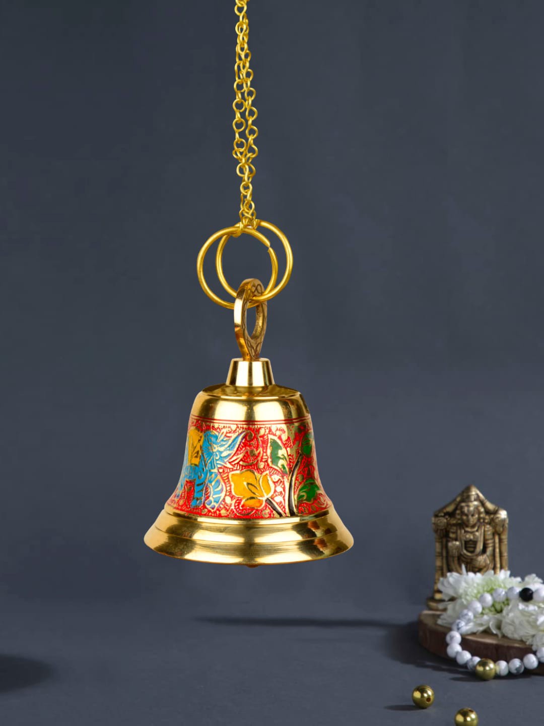 

StyleMyWay Gold-Toned & Blue Brass Elephant Engraved Hanging Temple Bell