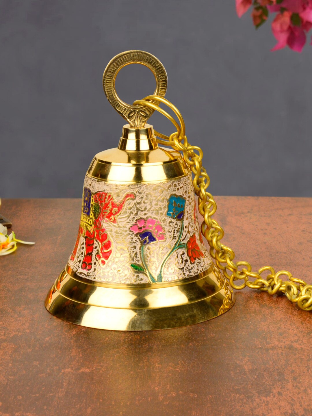 

StyleMyWay Gold Toned & Red Hanging Temple Bell With Red Elephant Engraving