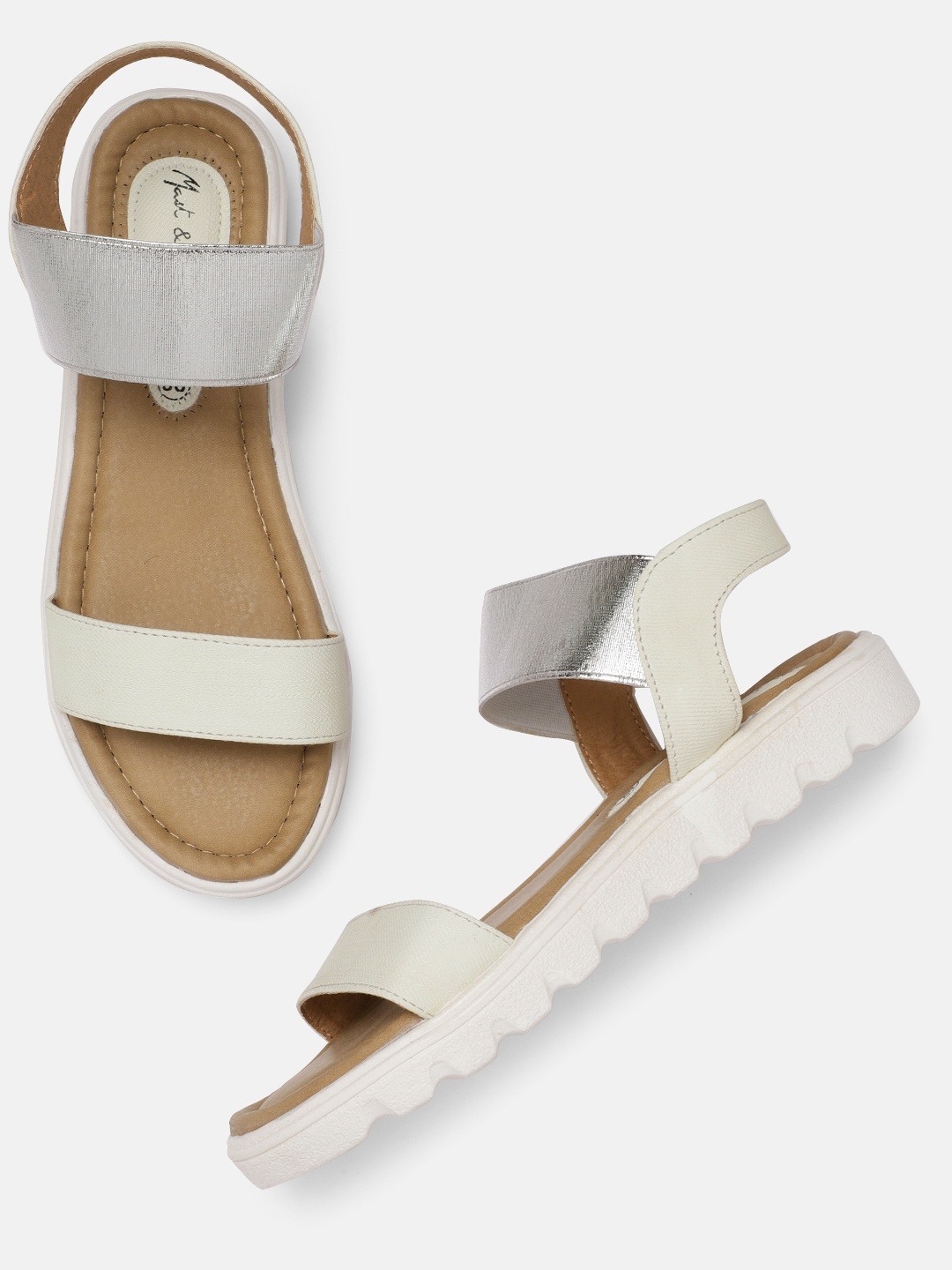 

Mast & Harbour Women Off-White & Silver-Toned Colourblocked Open Toe Flats
