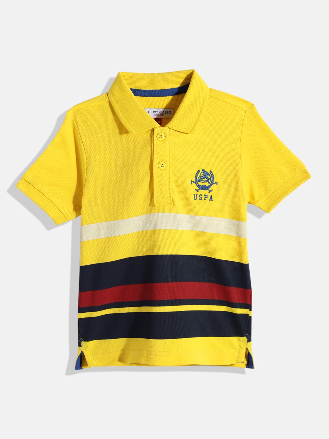 

U.S. Polo Assn. Kids Boys Multi Stripes Knitted Pure Cotton T-shirt With Embroidery, Yellow