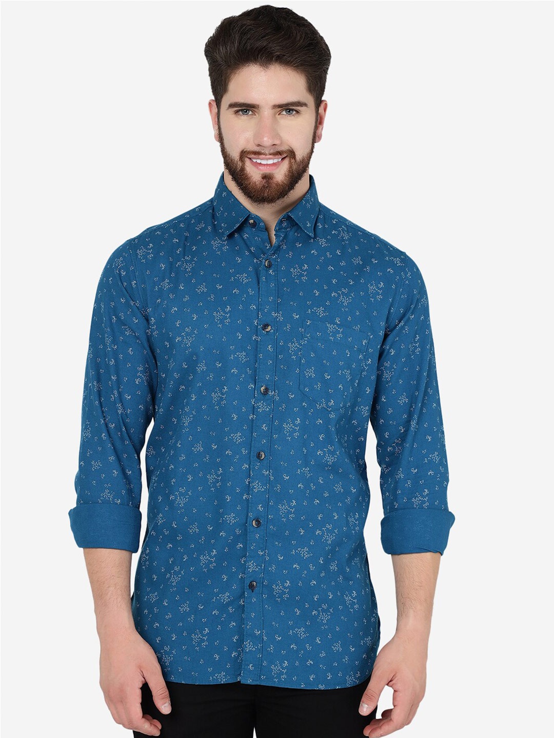 

JADE BLUE Floral Printed Spread Collar Slim Fit Pure Cotton Casual Shirt