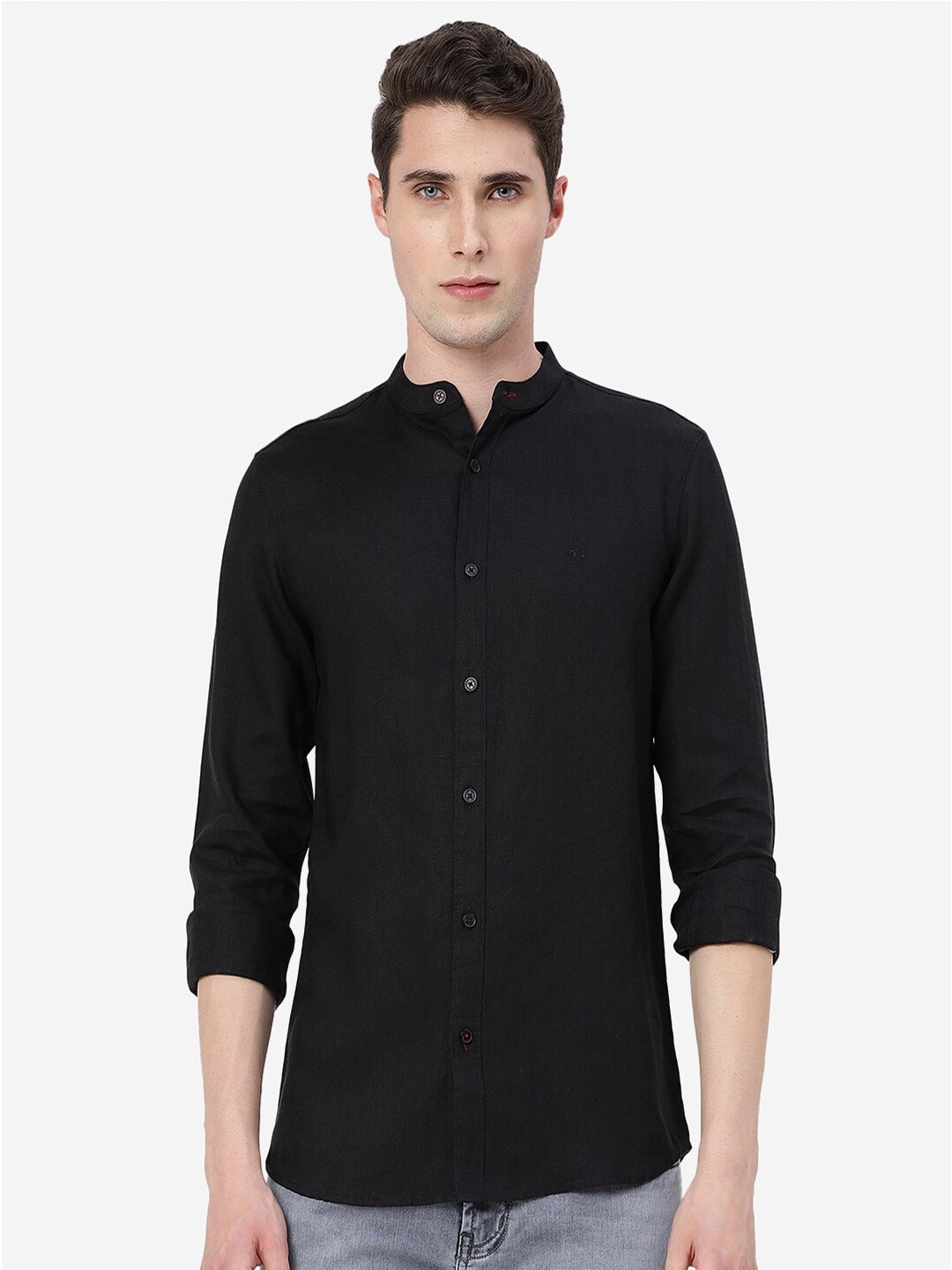 

JADE BLUE Mandarin Collar Pure Linen Slim Fit Casual Shirt, Black
