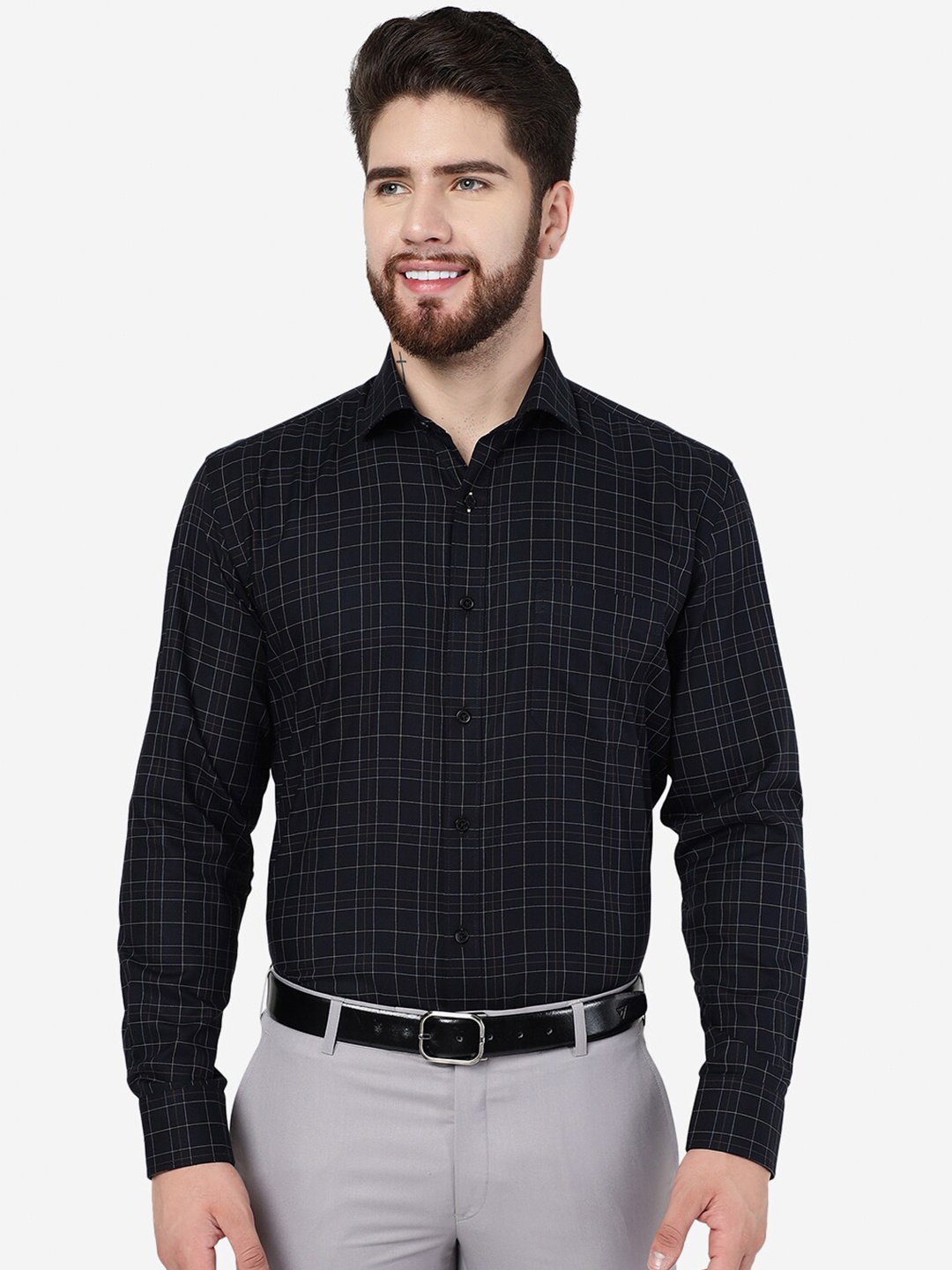 

JADE BLUE Checked Pure Cotton Formal Shirt, Black