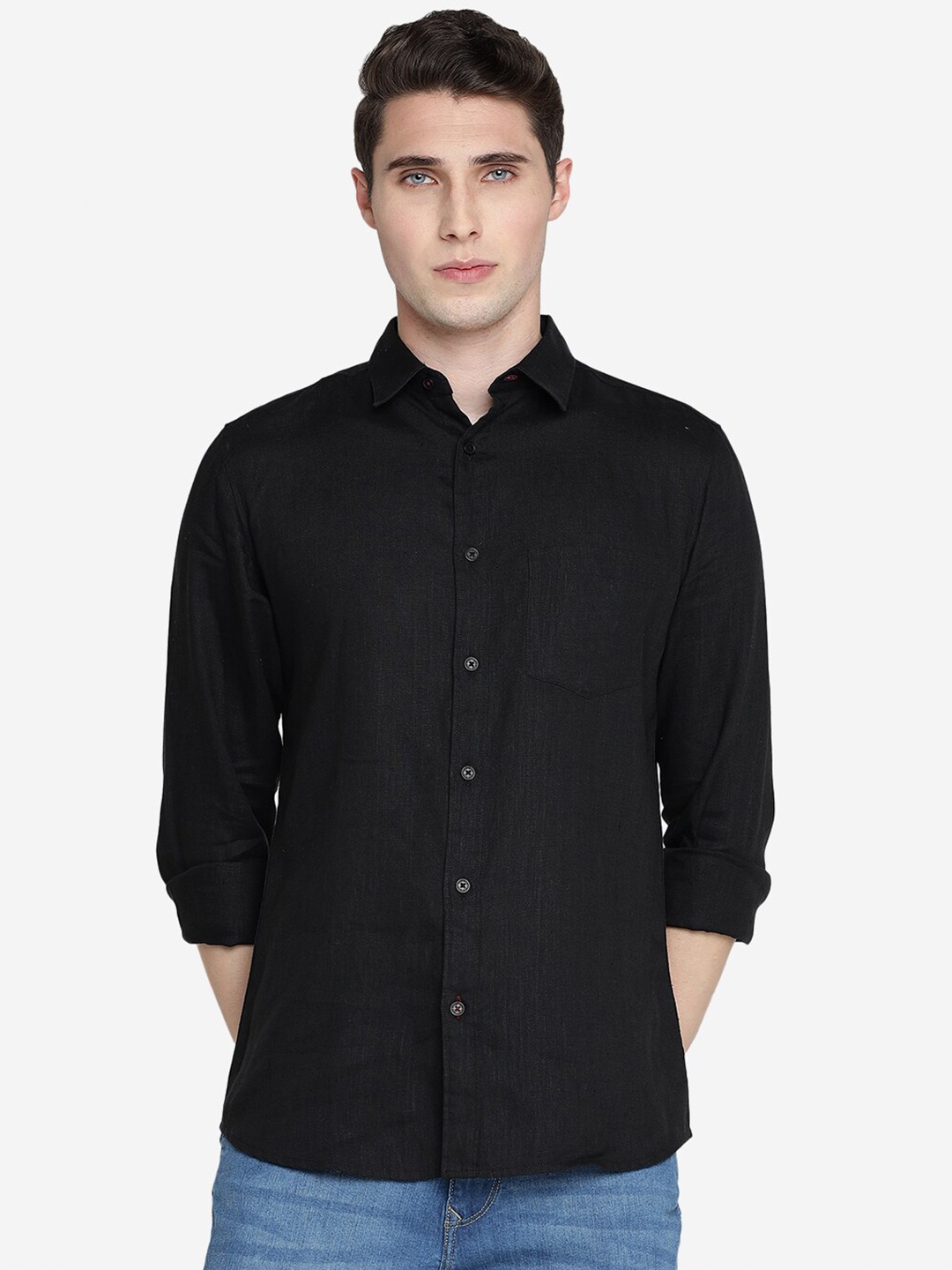 

JADE BLUE Slim Fit Pure Linen Casual Shirt, Black