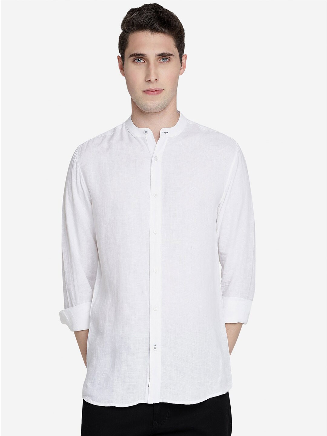 

JADE BLUE Men Slim Fit Band Collar Opaque Casual Pure Linen Shirt, White