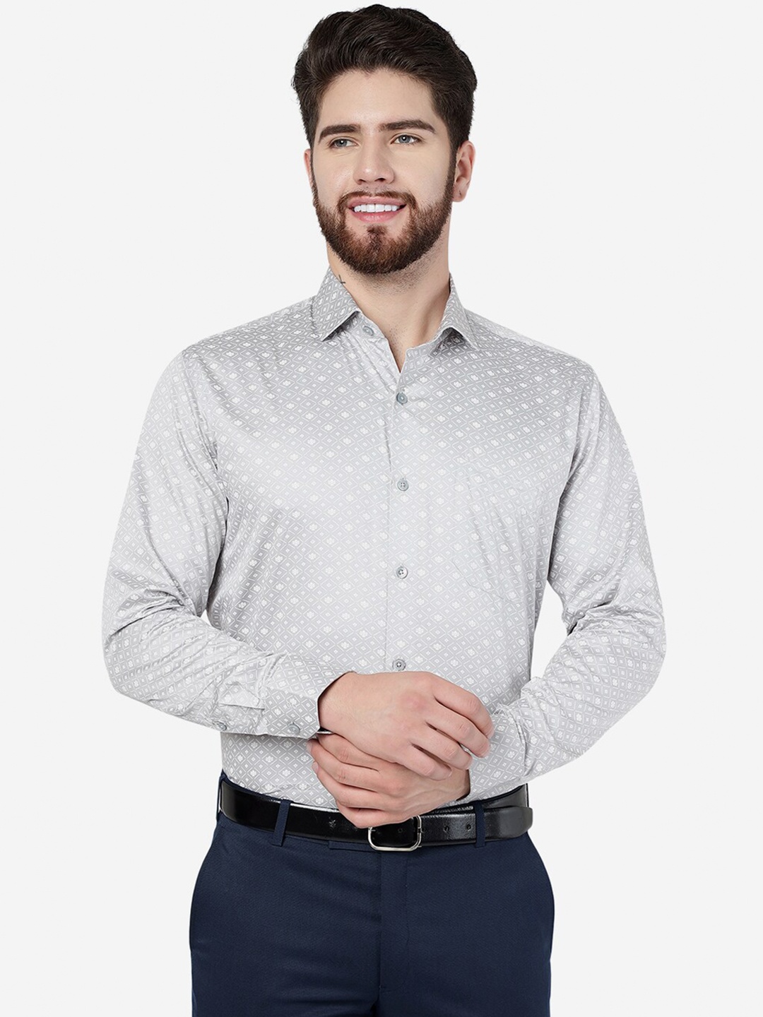 

JADE BLUE Men Geometric Printed Opaque Pure Cotton Formal Shirt, Grey