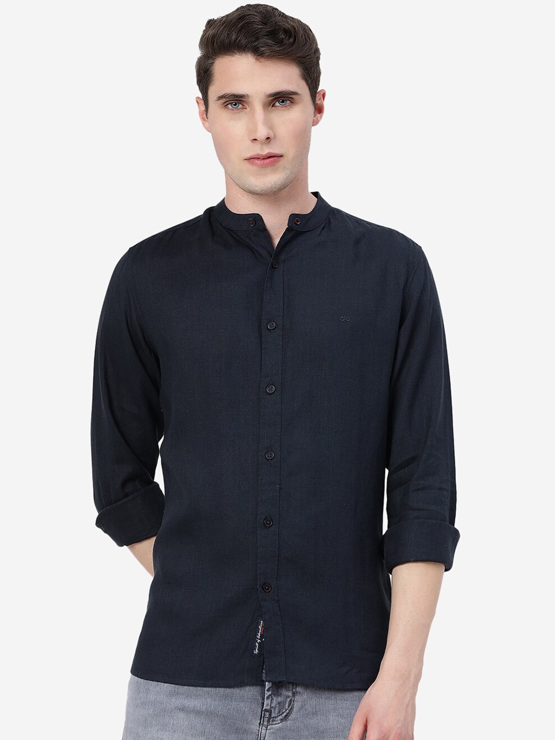 

JADE BLUE Men Slim Fit Band Collar Opaque Casual Pure Linen Shirt
