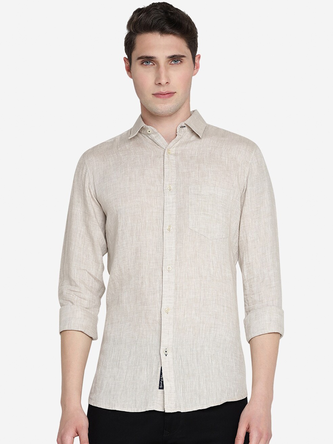 

JADE BLUE Men Slim Fit Spread Collar Opaque Casual Pure Linen Shirt, Beige