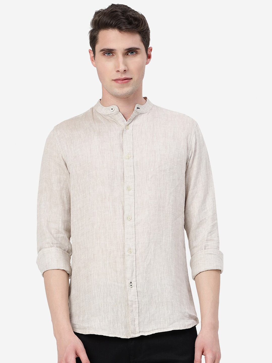 

JADE BLUE Mandarin Collar Slim Fit Pure Linen Casual Shirt, Beige